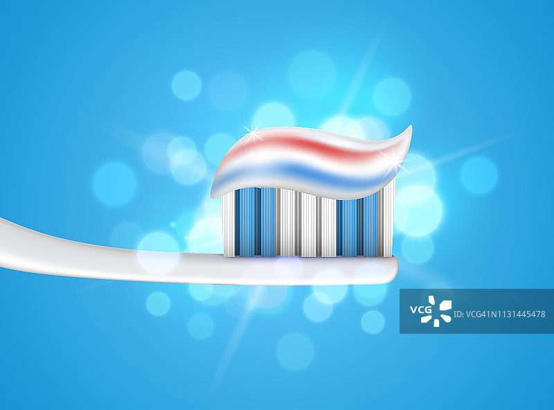 牙膏在牙刷上的矢量插图与蓝色闪亮的背景图片素材