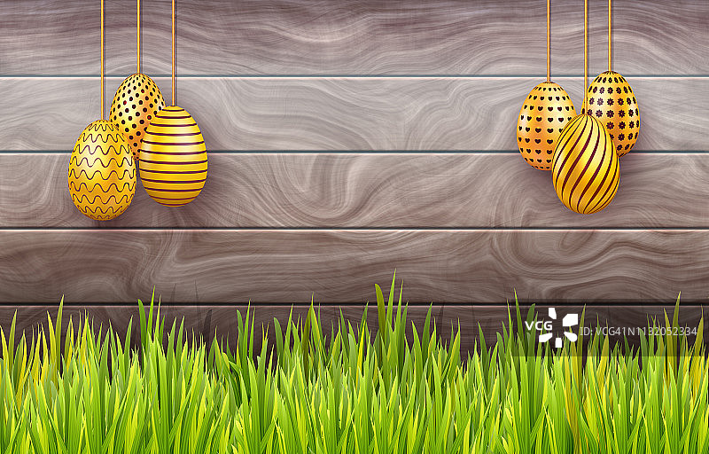 水平复活节横幅与悬挂装饰彩蛋在木制背景与复制空间。图片素材