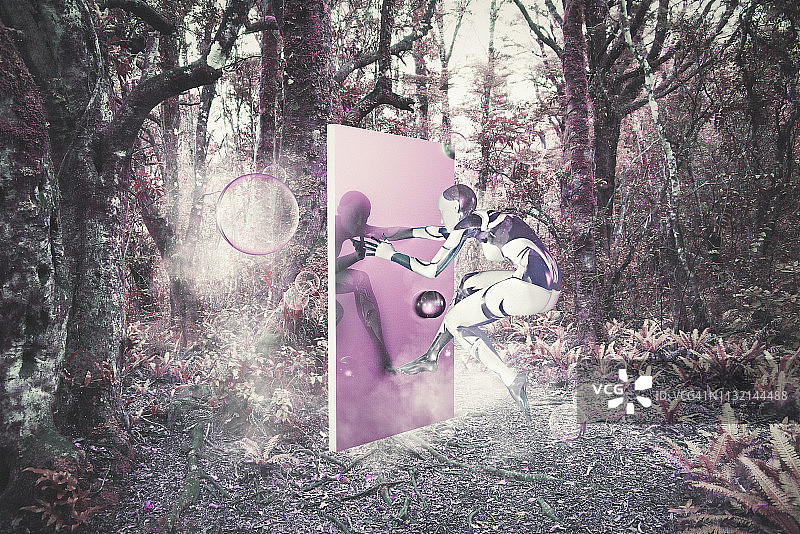 女性形象跳跃进入森林的门户与浮动的球体图片素材