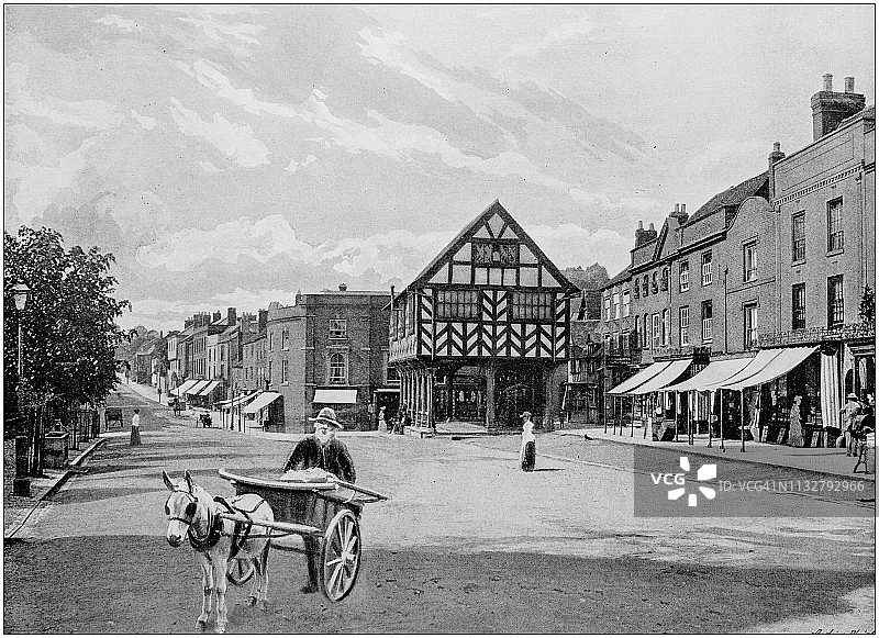 英格兰和威尔士的古老黑白照片:莱德伯里市场广场图片素材
