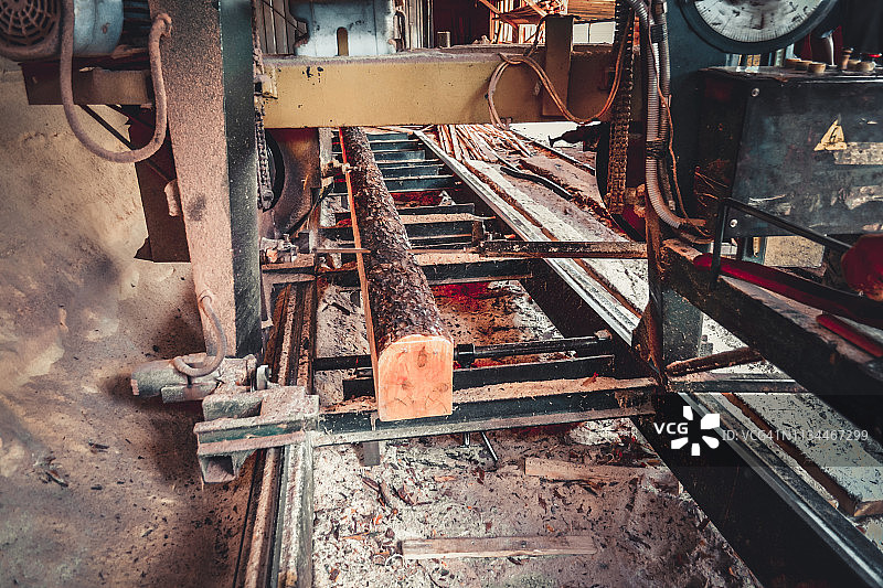 锯木厂。在锯木机加工原木的过程中锯断了木材图片素材