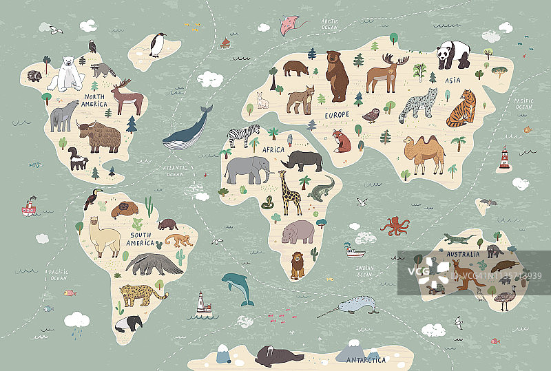 世界地图上的动物插图集图片素材