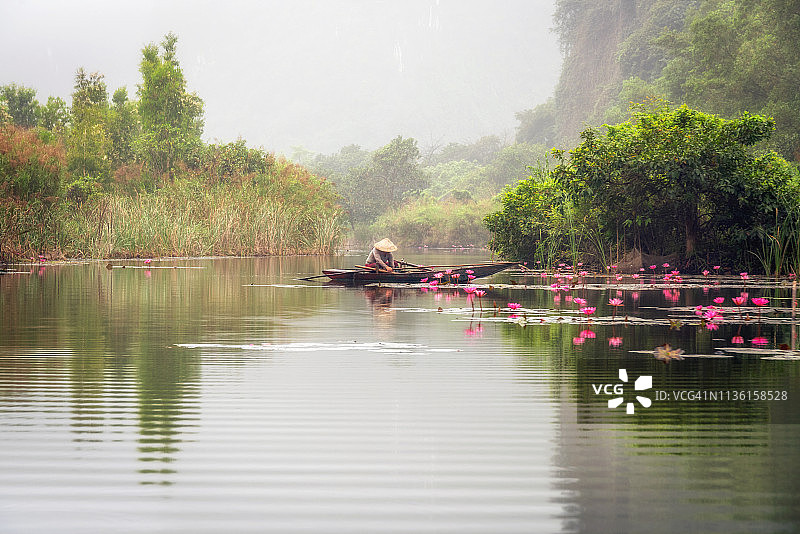 戴着亚洲圆锥形帽子的女人在平静的河上和睡莲图片素材