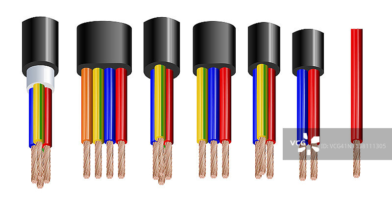 各种类型的电力，声学电缆与电线导体一起与整体护套现实集矢量插图。屏蔽和附加绝缘。图片素材