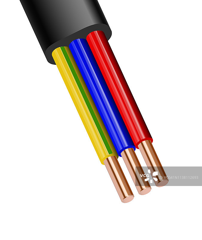 软三线电缆隔离在白色背景。彩色绝缘铜多芯电缆。特写的横截面。图片素材
