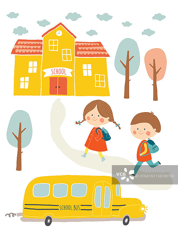 快乐的第一天学校卡片设计。孩子们去上学。可爱的男孩和女孩有教学楼和校车。卡通矢量剪辑艺术eps 10插图上的白色背景。手刻字。图片素材