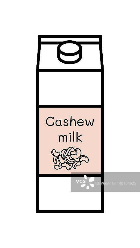 矢量线图标的素食腰果牛奶孤立在白色背景。植物基非乳制品替代品。纸箱与螺旋盖和标签与手绘涂鸦腰果插图。图片素材