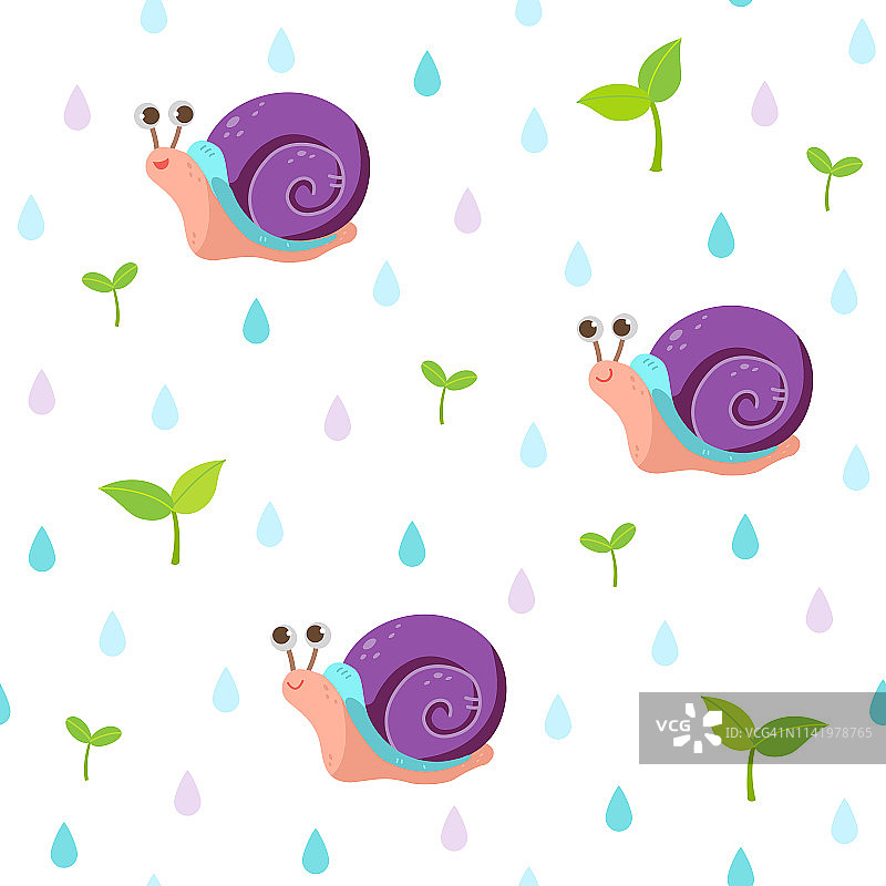 可爱的蜗牛与雨滴图案图片素材