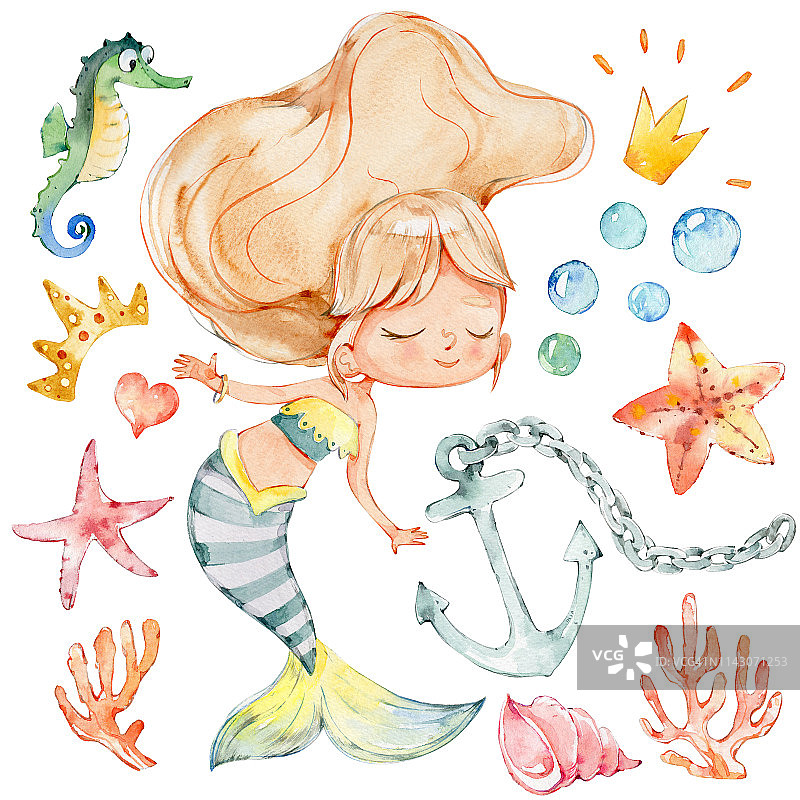 美人鱼水彩人物海星海洋套件图片素材