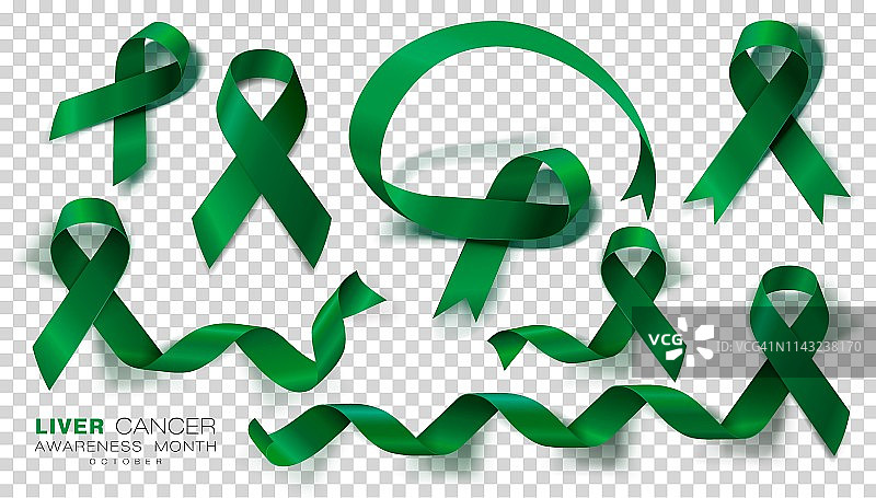 肝癌宣传月。翠绿色丝带孤立在透明的背景。矢量设计模板海报。图片素材