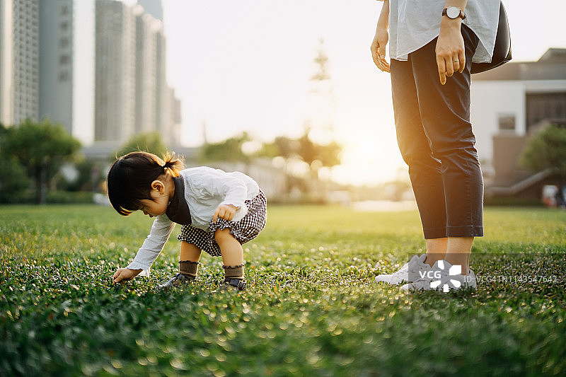 好奇的蹒跚学步的小女孩蹲下捡草，与母亲在公园散步图片素材