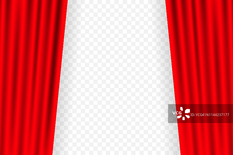 电影的娱乐幕背景。美丽的红色剧院折叠窗帘在黑色舞台。矢量插图。图片素材