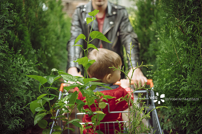 春天，一家人在花园商店买植物图片素材