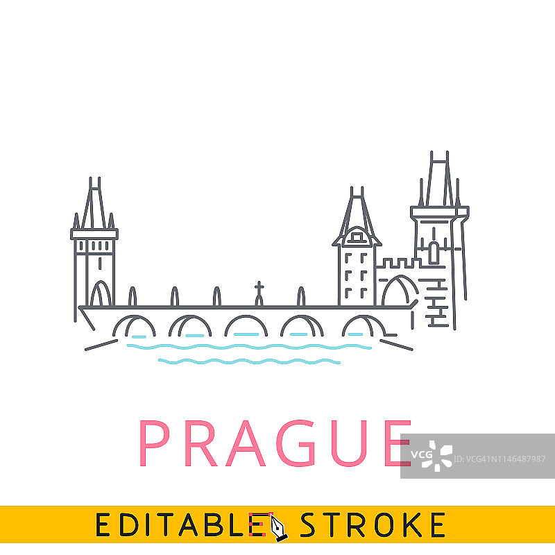 捷克，布拉格，查尔斯桥。易于编辑的笔画细线图标。图片素材