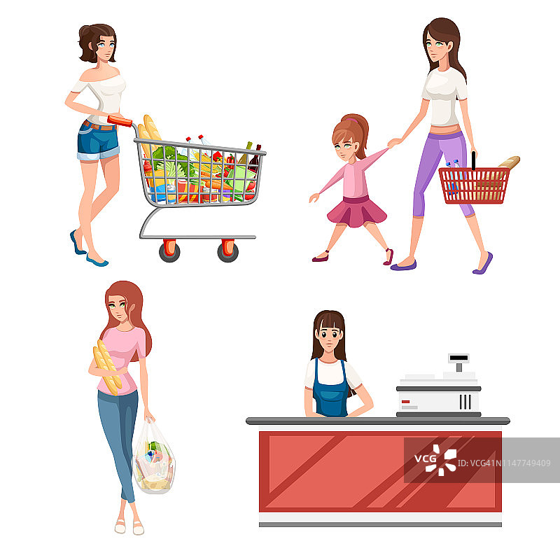 漂亮的年轻女人，购物车里装满了蔬菜和水果。快乐女性卡通风格设计。平面矢量插图上的白色背景。购物大厅概念图片素材