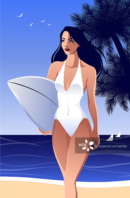 夏季假期的海报。海滩上的冲浪女孩。图片素材
