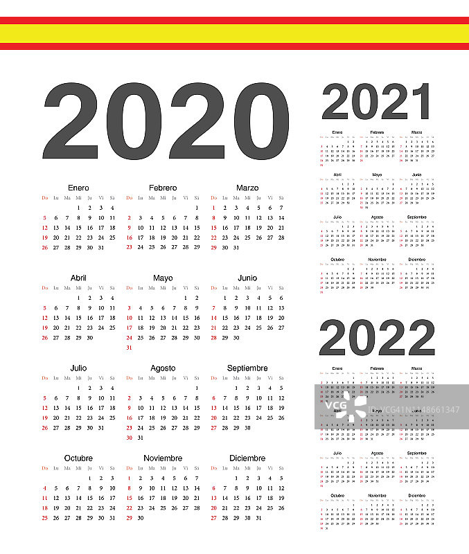 西班牙2020年，2021年，2022年矢量日历。图片素材