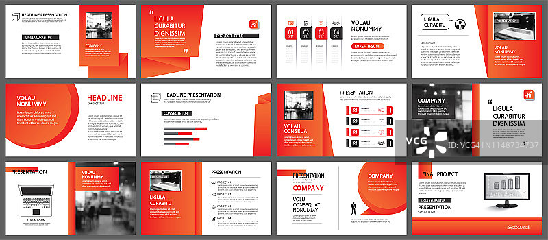 演示文稿和幻灯片布局模板。在纸状背景上设计红色和橙色渐变。用于商业年度报告，传单，营销，传单，广告，小册子，现代风格。图片素材