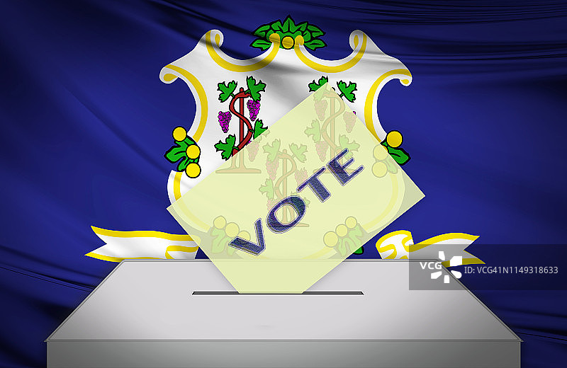 美国康涅狄格州国旗前的投票箱和选票图片素材