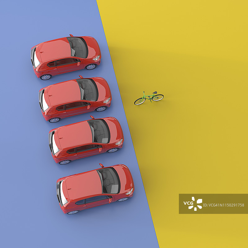 3D渲染，四辆红色汽车面对一辆自行车图片素材