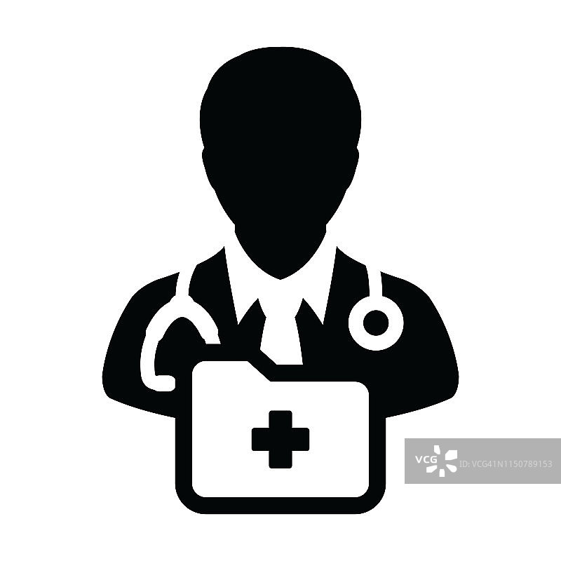 医疗保健图标矢量男性医生人的档案头像与听诊器和医疗报告文件夹医疗咨询在字形象形图图片素材