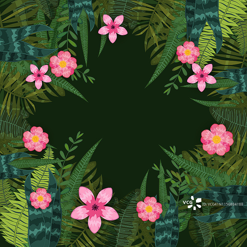 夏日时尚的热带叶和花。设计。背景模板的外来植物和芙蓉花。趋势模式丛林。矢量，插图，孤立，海报，横幅，传单，邀请图片素材