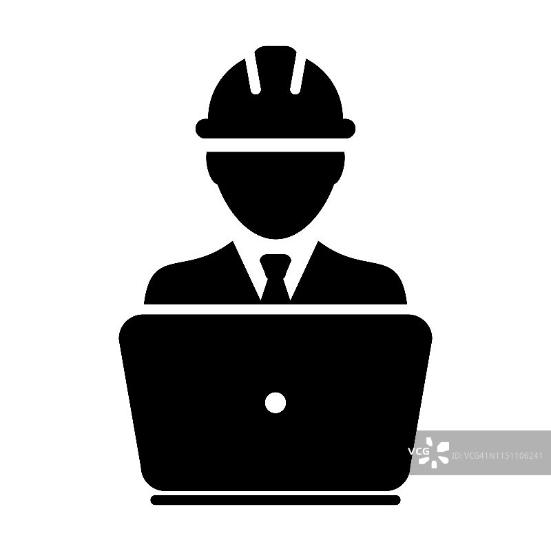 支持图标向量男性建筑服务人员的个人档案头像与笔记本电脑和安全帽头盔在象形象形图片素材