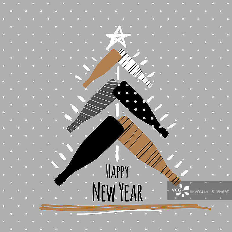 带有香槟酒杯和酒瓶的节日新年贺卡，现代简约风格图片素材