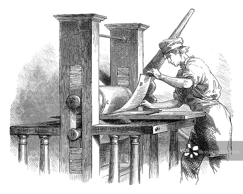 1852年在印刷机工作的出版者和印刷工图片素材