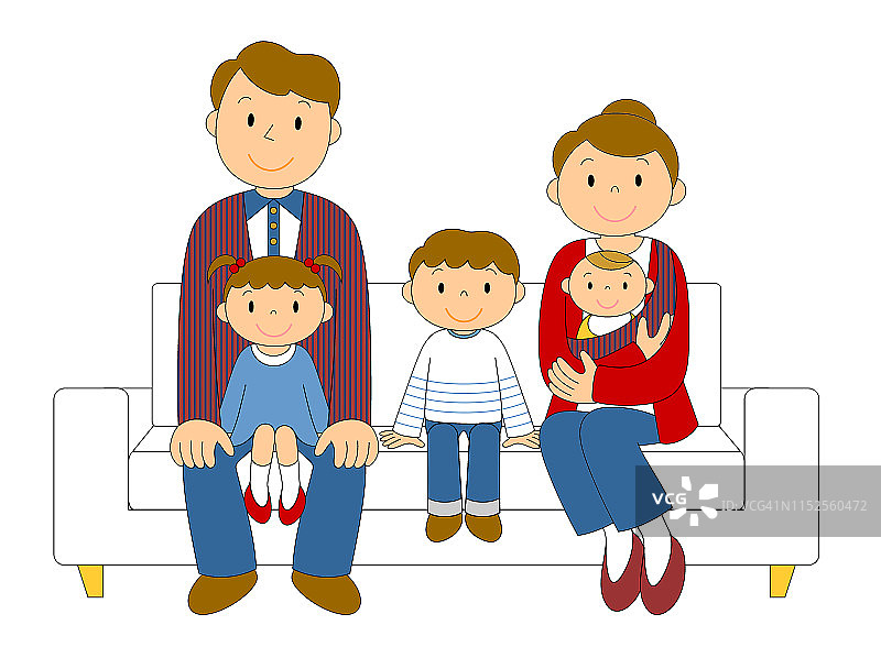 一张五口之家坐在沙发上的插图图片素材