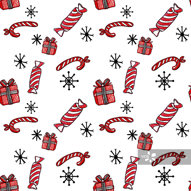 圣诞节无缝图案与糖果手杖，礼物和雪花在白色的背景。图片素材
