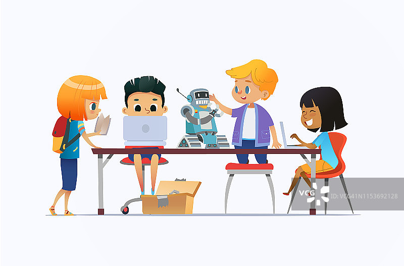 男孩和女孩站和坐在桌子周围的笔记本电脑和机器人和工作的学校项目编程课。儿童编程和机器人的概念。平的卡通插图。图片素材