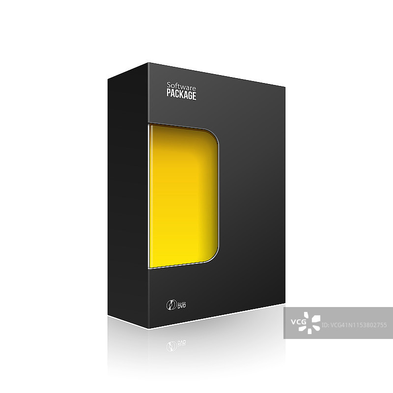 黑色现代软件产品包装盒与黄色橙色窗口DVD或CD磁盘。在白色背景孤立的3D插图。为你的设计做好准备。包装。向量EPS10图片素材