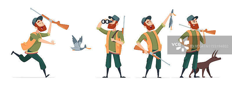 卡通的猎人。矢量猎人与狗，枪，双筒望远镜，鸭子孤立在白色背景图片素材