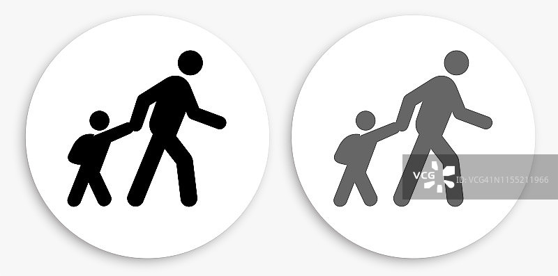 父母步行孩子去学校黑色和白色圆形图标图片素材