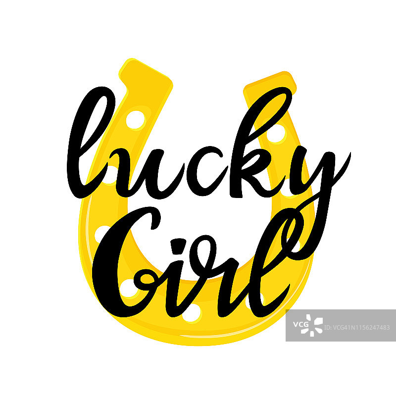 幸运的女孩用金马蹄铁手绘字母。可作为t恤设计，贺卡。图片素材