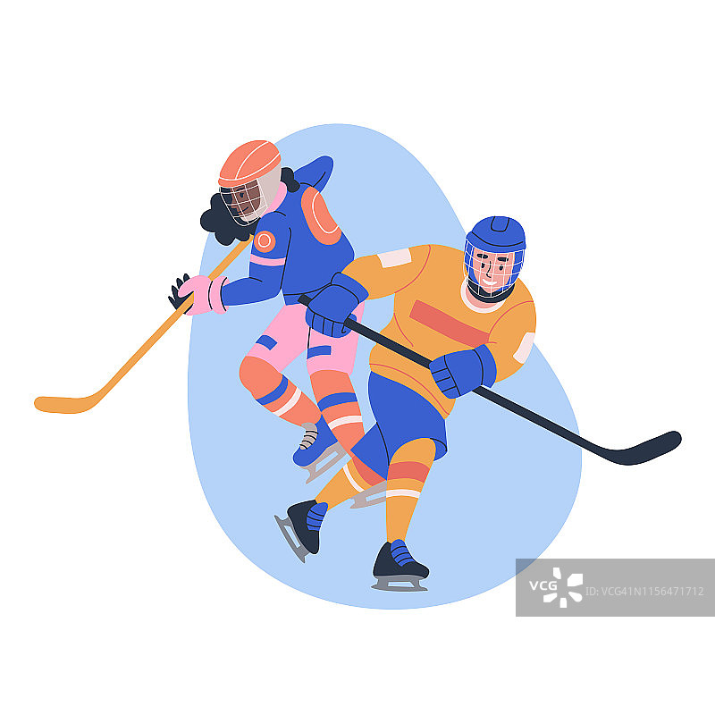 插图与年轻的男性和女性冰球运动员。孤立的向量。图片素材