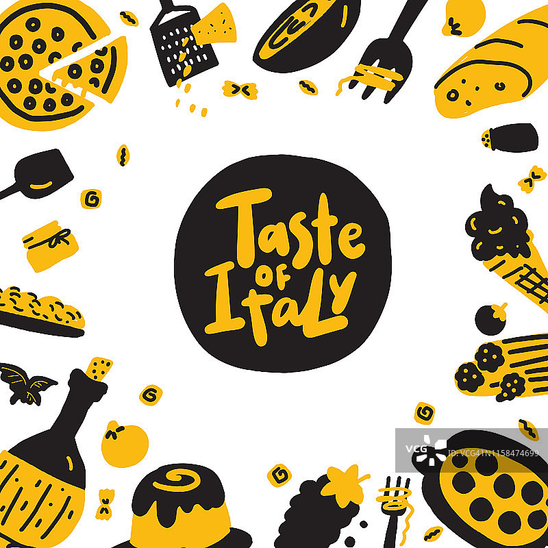 意大利的味道。有趣的意大利传统食物手绘插画。菜单模板。图片素材