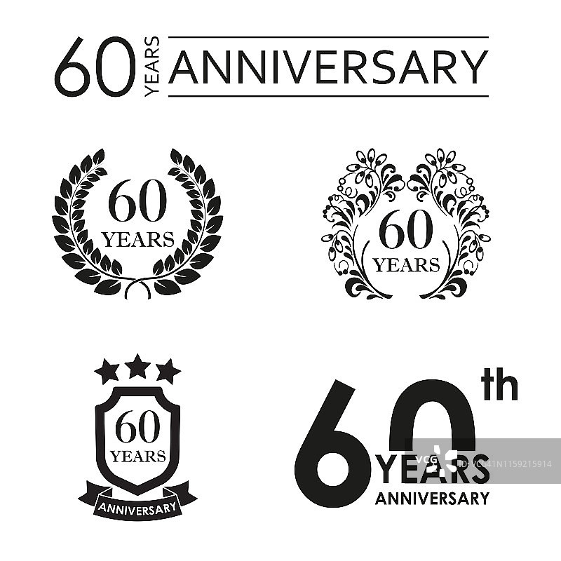 60周年纪念套装。周年纪念图标徽章或标签系列。60周年庆祝和祝贺设计元素。矢量插图。图片素材