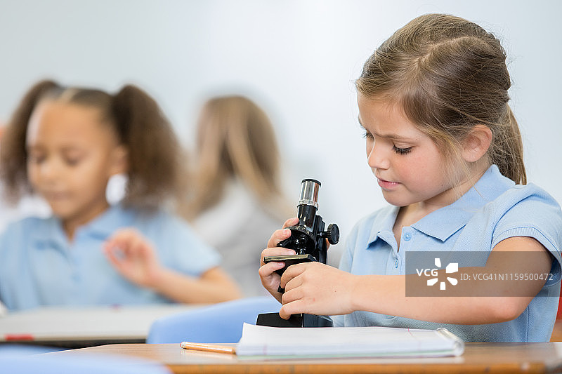 在STEM课堂上做科学实验时，可爱的小女孩在调整显微镜图片素材