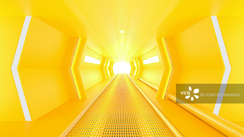 黄色宇宙飞船科幻走廊。图片素材