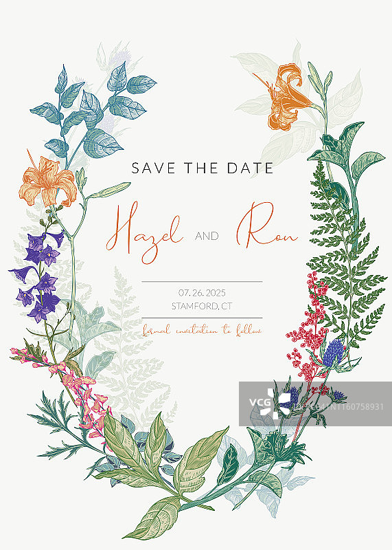 植物婚礼邀请模板与手绘草药和鲜花。彩色保存日期卡片模板在vitnage风格图片素材