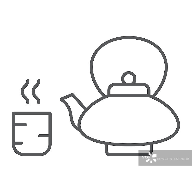 日本茶细线图标，亚洲和饮料，水壶和杯子标志，矢量图形，白色背景上的线性图案。图片素材