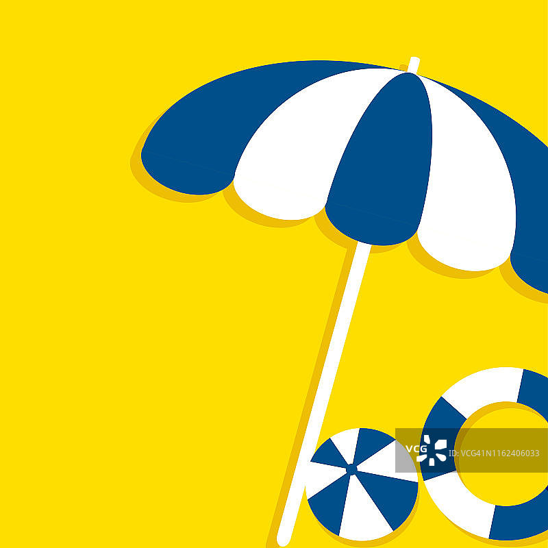 暑假横幅插图在黄色的背景。度假和旅行的概念。伞，沙滩球和救生圈。图片素材