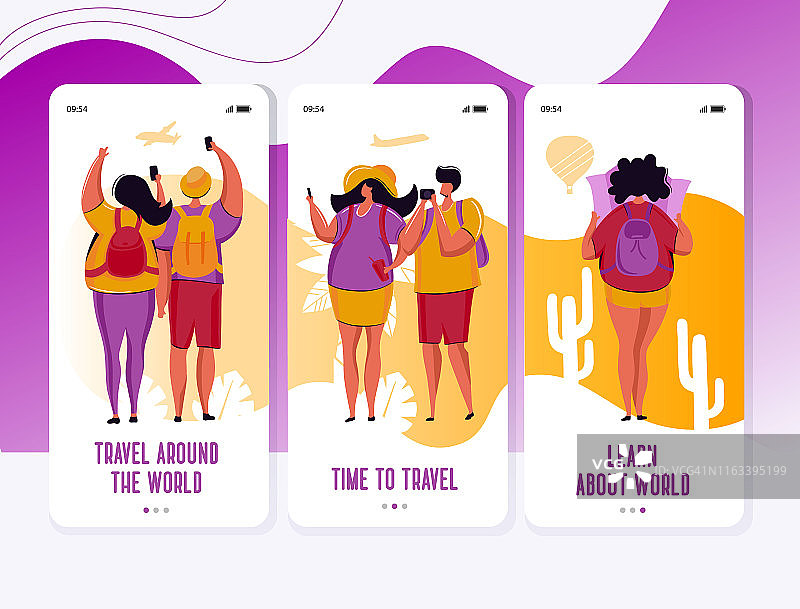 一群年轻的游客，男女背着背包在度假旅行。用手机拍照，看地图。旅游的背景。矢量插图设置平面卡通人物。手机应用程序。图片素材
