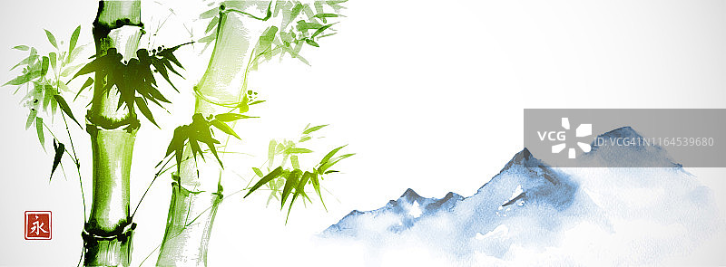 白底青竹远山。传统的日本水墨画。象形文字——永恒。图片素材