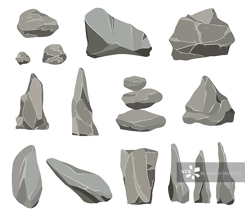 岩石的石头。石墨石，煤和岩石堆墙或山卵石。砾石卵石，灰色的石头堆卡通孤立的矢量图标插图集图片素材