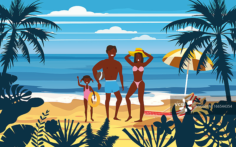 欢乐家庭在夏日度假海滩。父亲，母亲和女儿享受海滩度假漫步在沙海海洋。父母和孩子在海滩上玩的海滨花卉。矢量插图海报横幅孤立图片素材