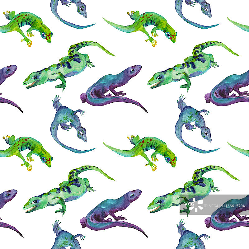 水彩手绘无缝模式的不同颜色的蜥蜴在白色的背景。设计儿童插图，背景，包装，装饰和包装纸。图片素材