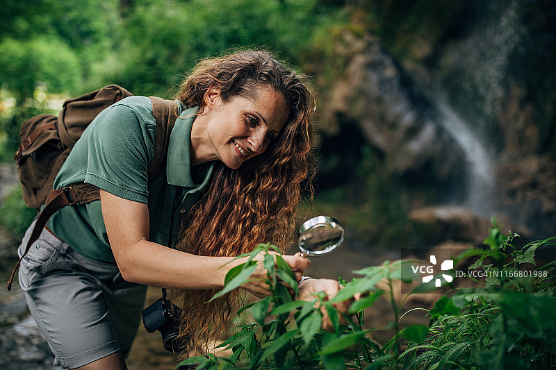 在瀑布边探索植物的女生物学家图片素材